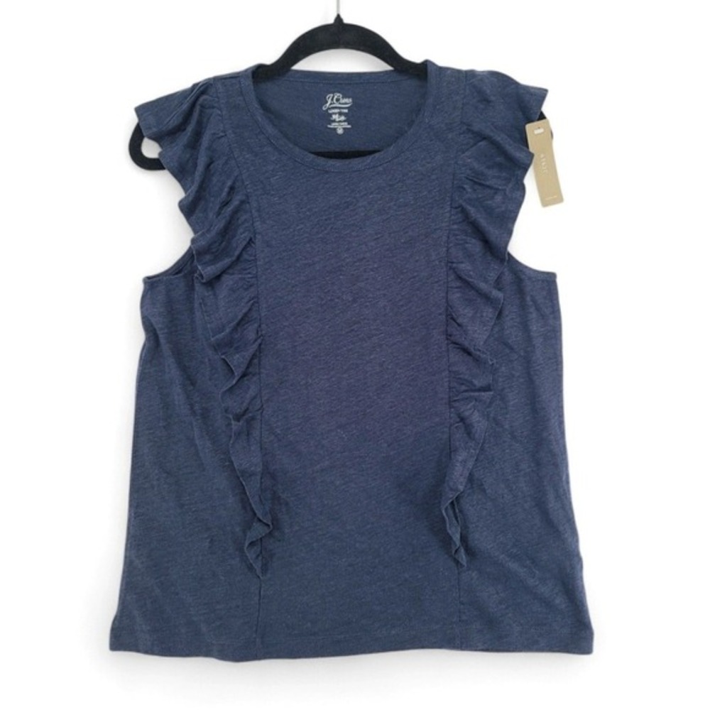 J Crew Linen Ruffle Sleeve Top Womens Medium Blue NWT Lightweight Summer Blouse‎